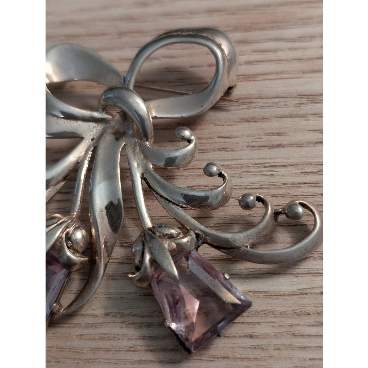 Vintage 40's Hollywood Regency Sterling Amethyst Glass Flower Ribbon Brooch