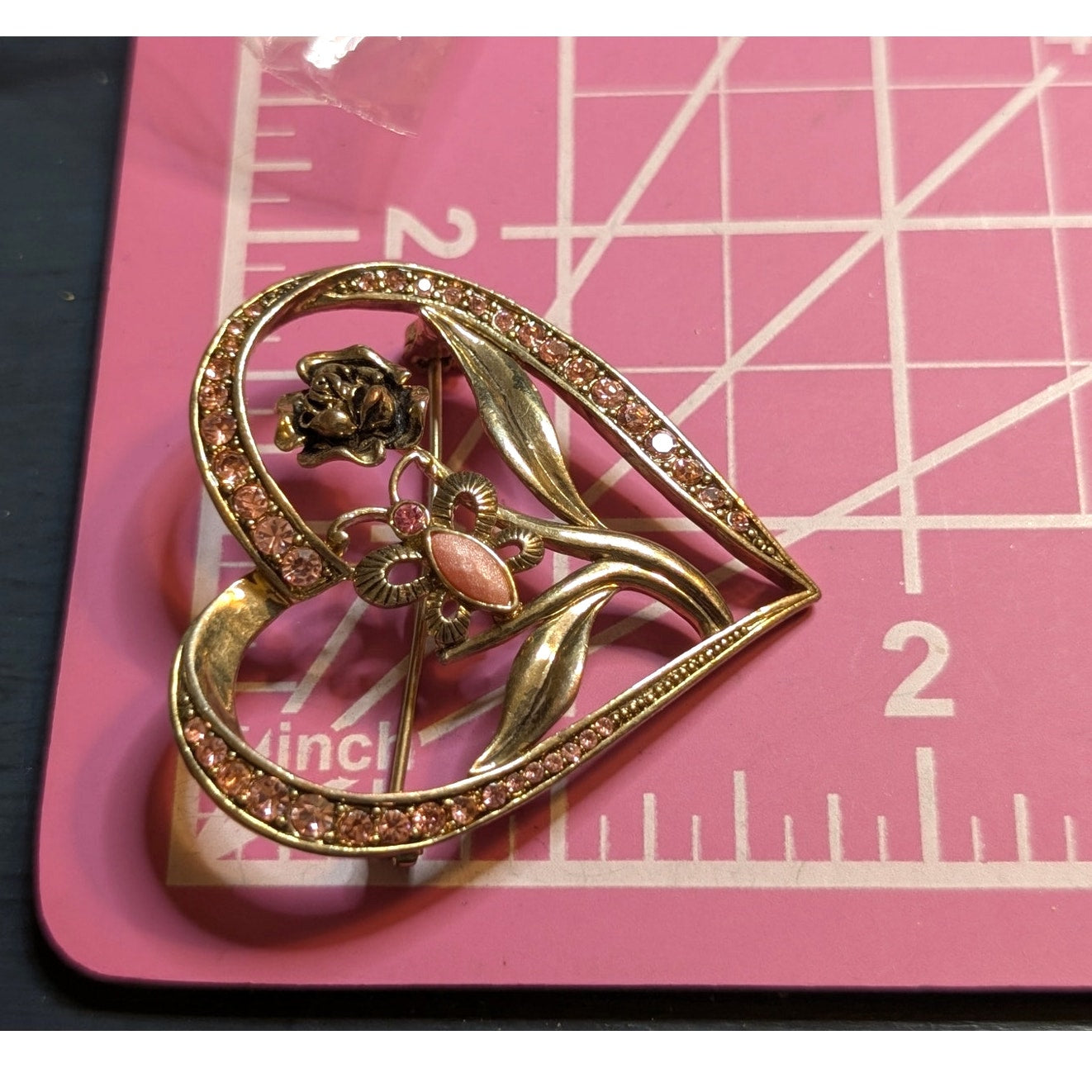 Vintage Gold Tone Pink Rhinestone Heart Rose Butterfly Brooch/Pin