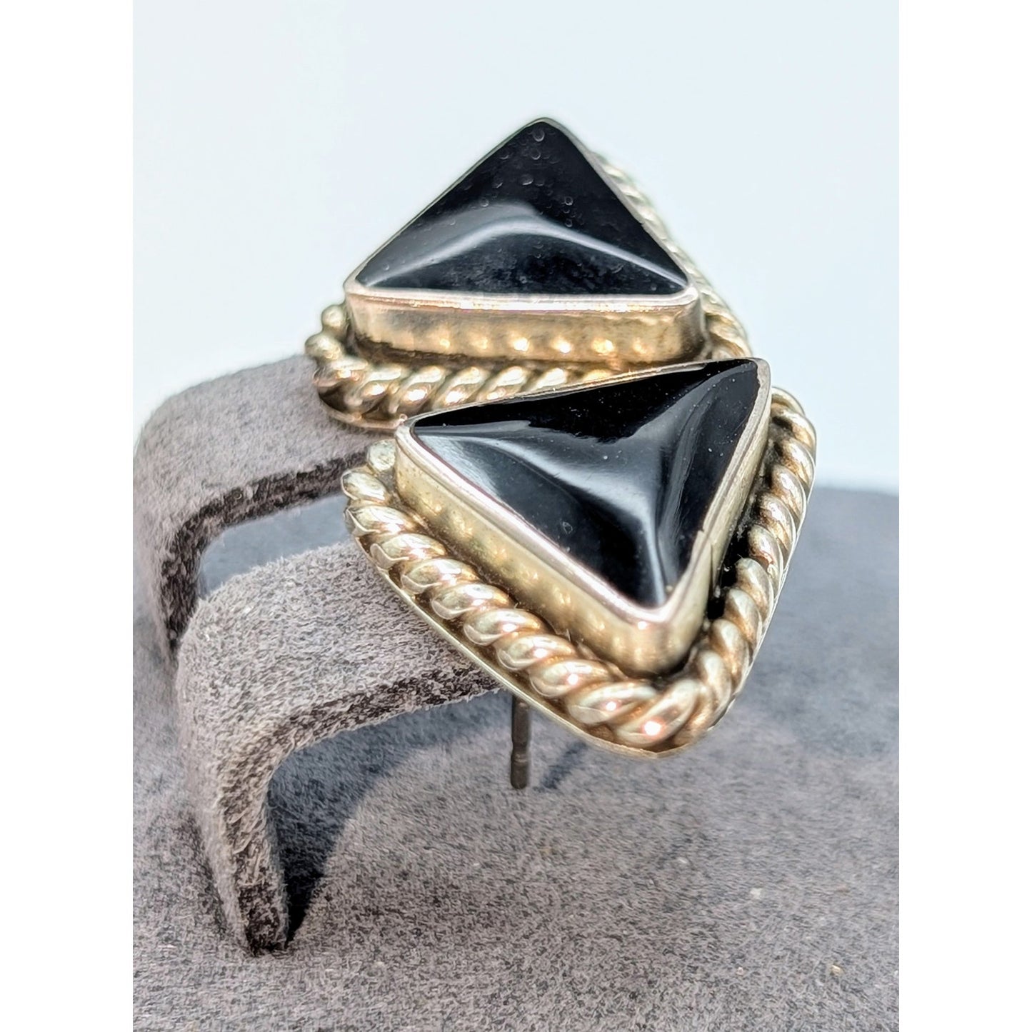 Vintage Taxco Mexico Sterling Silver Rope Design Black Stone Triangle Earrings