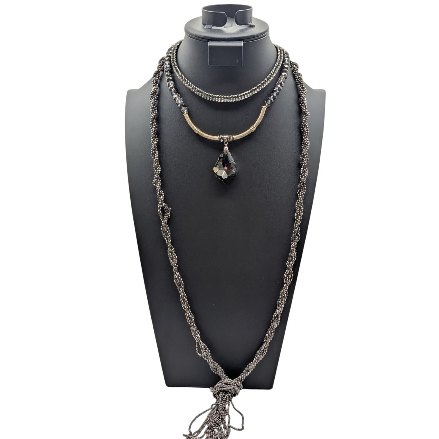 Lot of Three Crystal Bead & Pendant Rhinestone Twisted Metallic Bead Necklaces