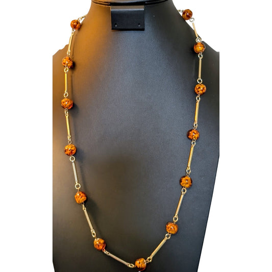 Rare Vintage Mid Century Amber Art Glass Bar Bead Gold Tone 30" Necklace