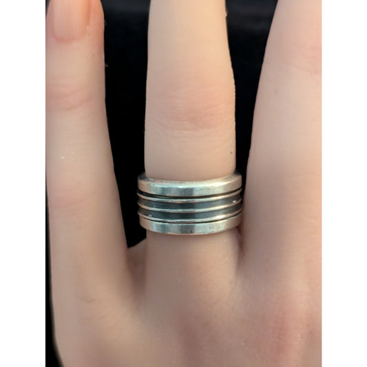 Vintage 925 Mexico Sterling Silver 3/8" Wide Banded Spinner Ring Size 5.25