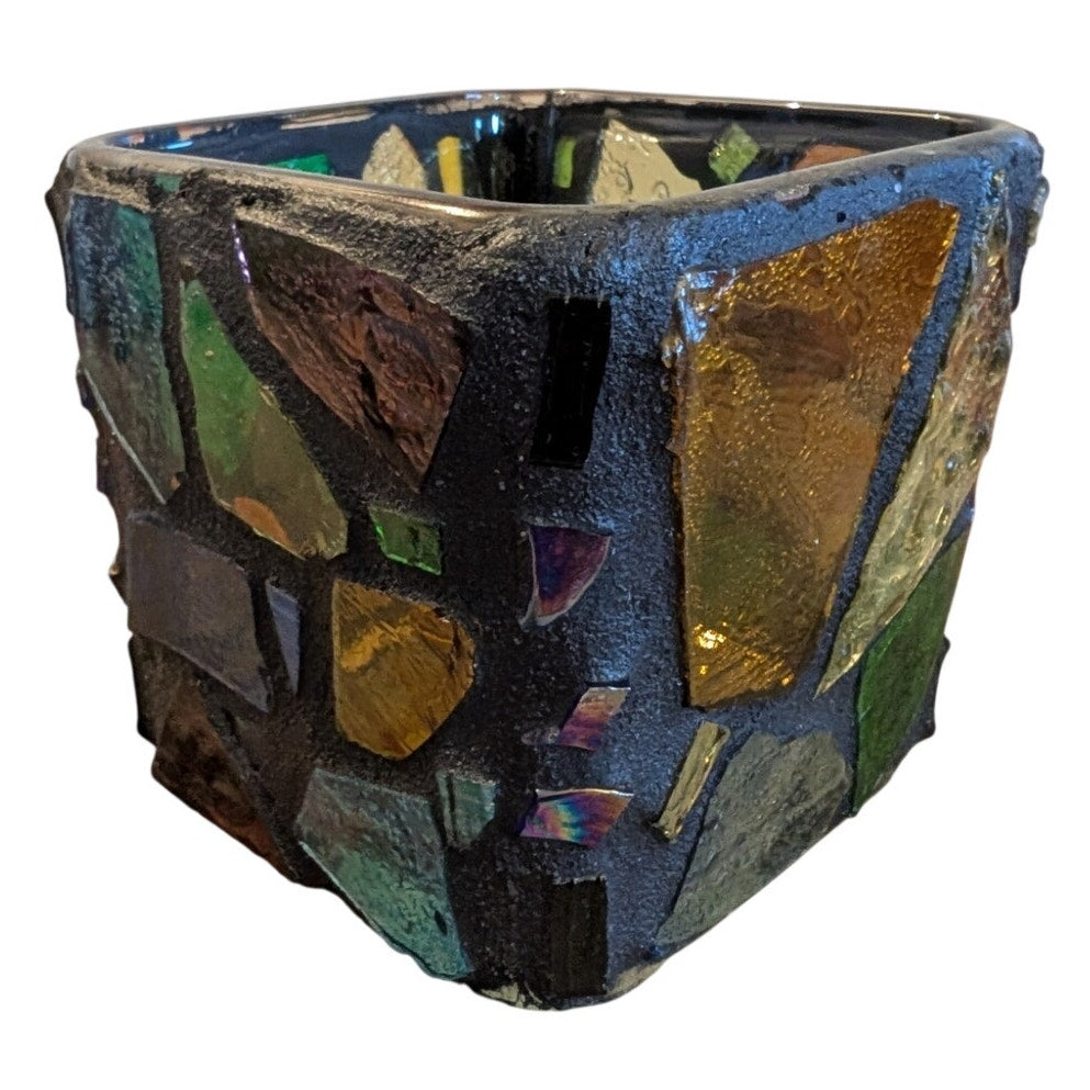 Vintage Mid-Century Brutalist Made in Mexico Stained Glass Mosaic Candle Holder