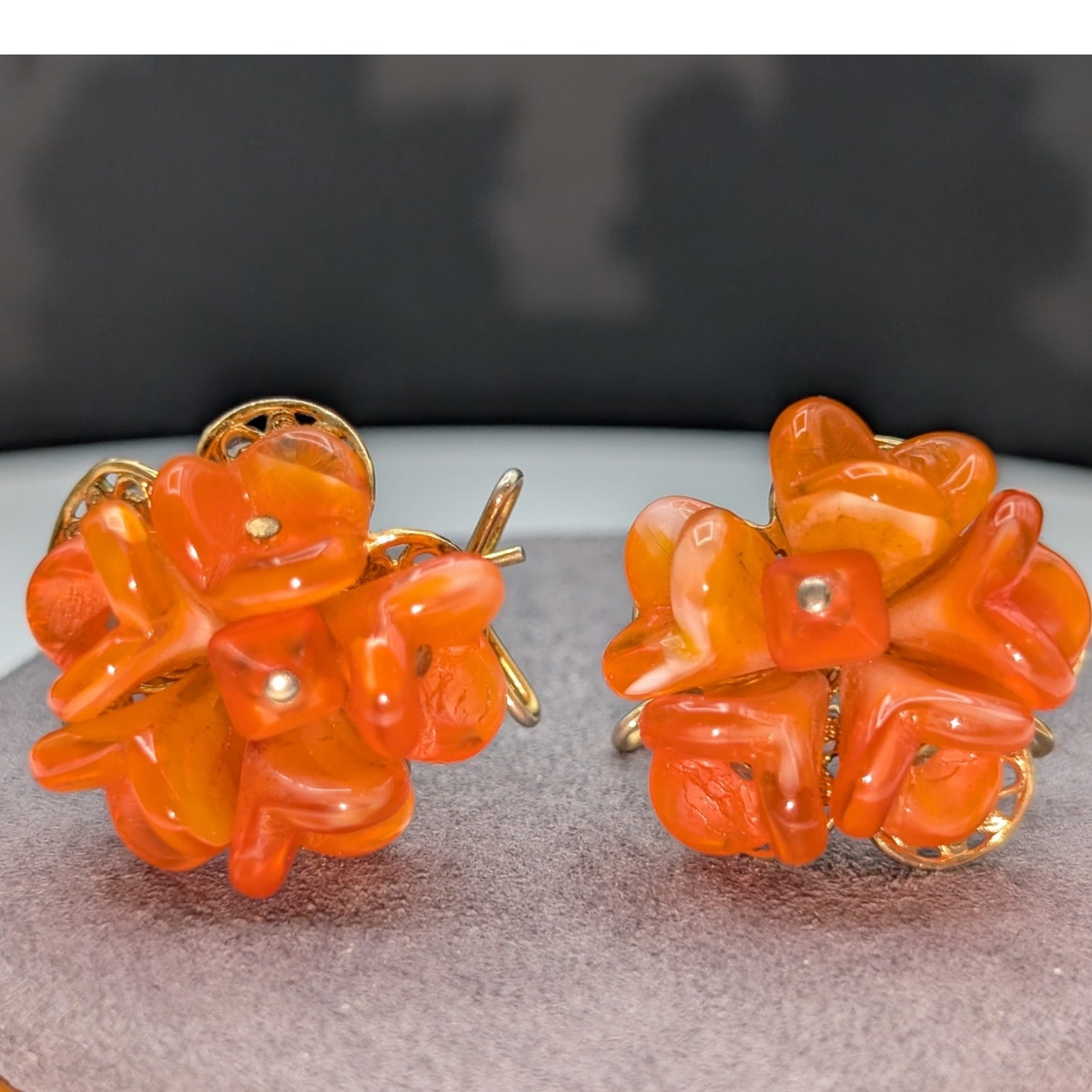 Rare! Judith McCann Mid-Century Modern Orange Glass Flower Wingback Earrings