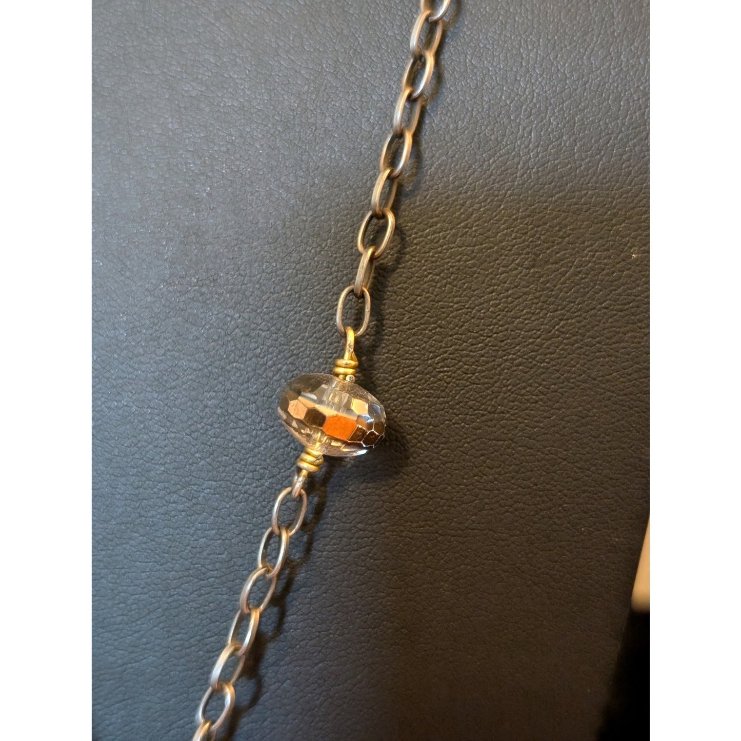 Vintage Bronze Cage Flower Pearl & Crystal Beads Rolo Link Long Boho Necklace