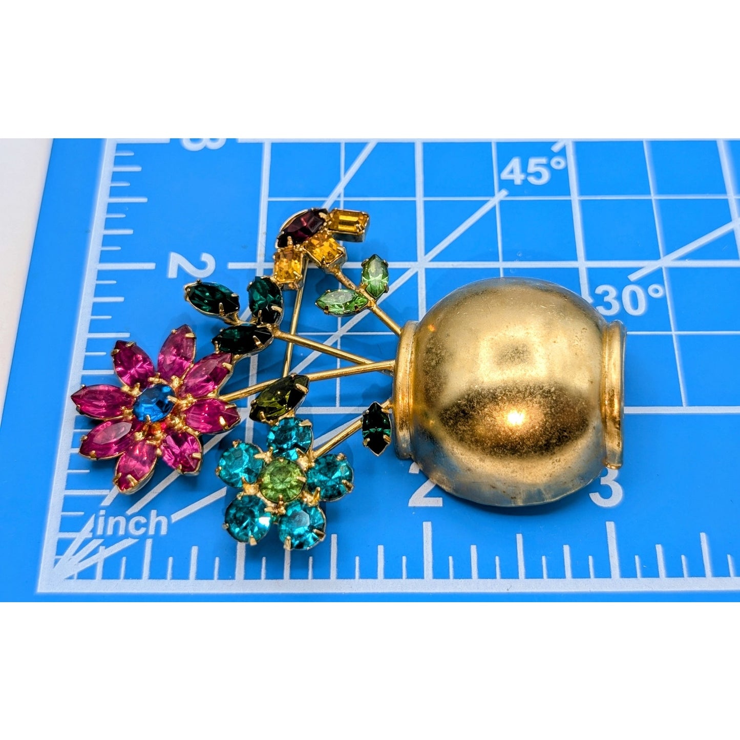 VTG Mid-Century Multi-Color Glass Stone Flowers in Gold Tone Flower Pot Brooch