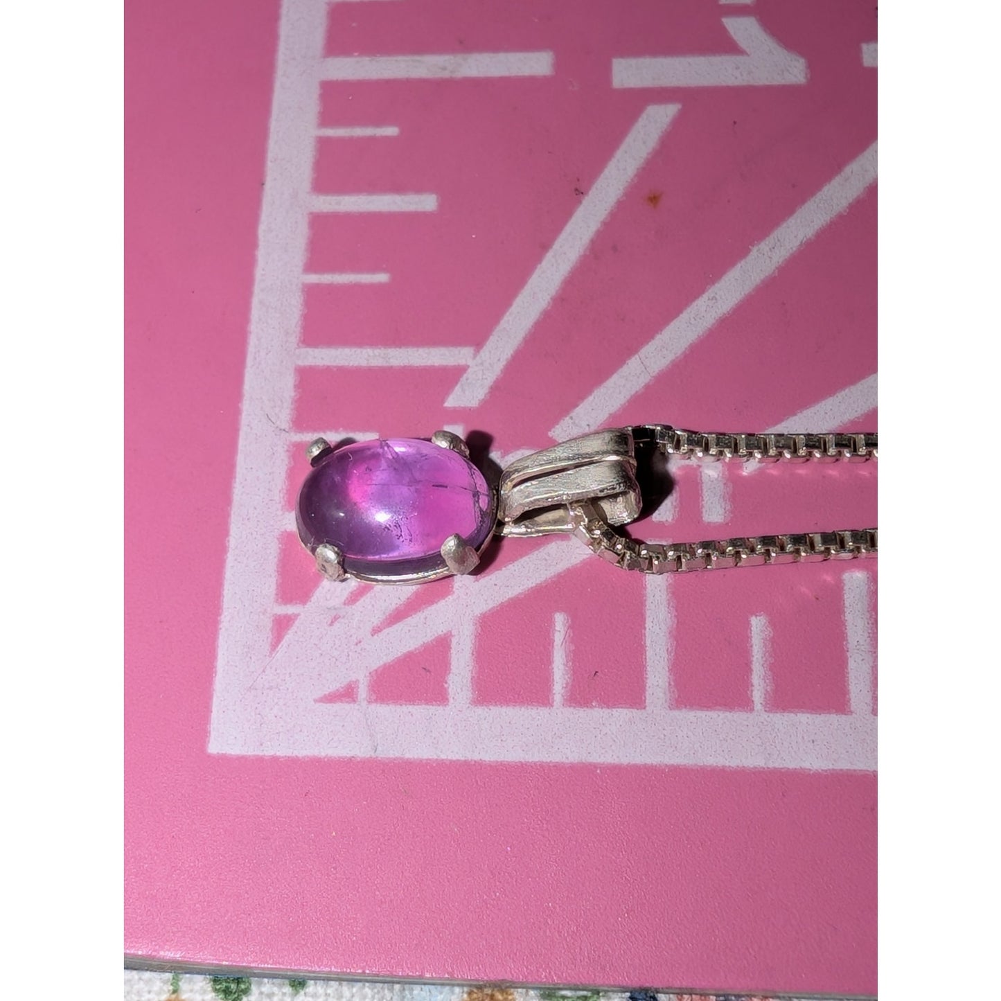 Vintage Sterling Silver Amethyst Cabochon Pendant Box Chain 16" Necklace