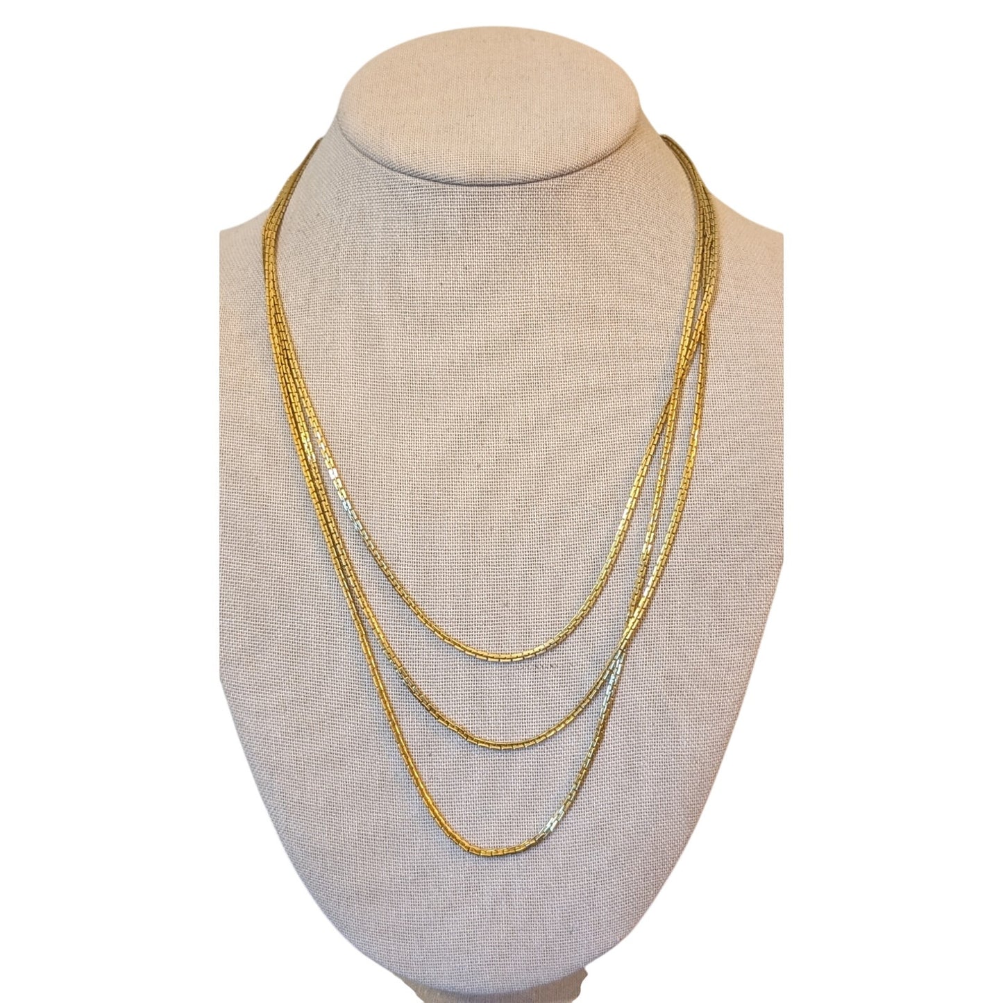 Vintage Three Strand Rectangle Chain Link Gold Tone Necklace