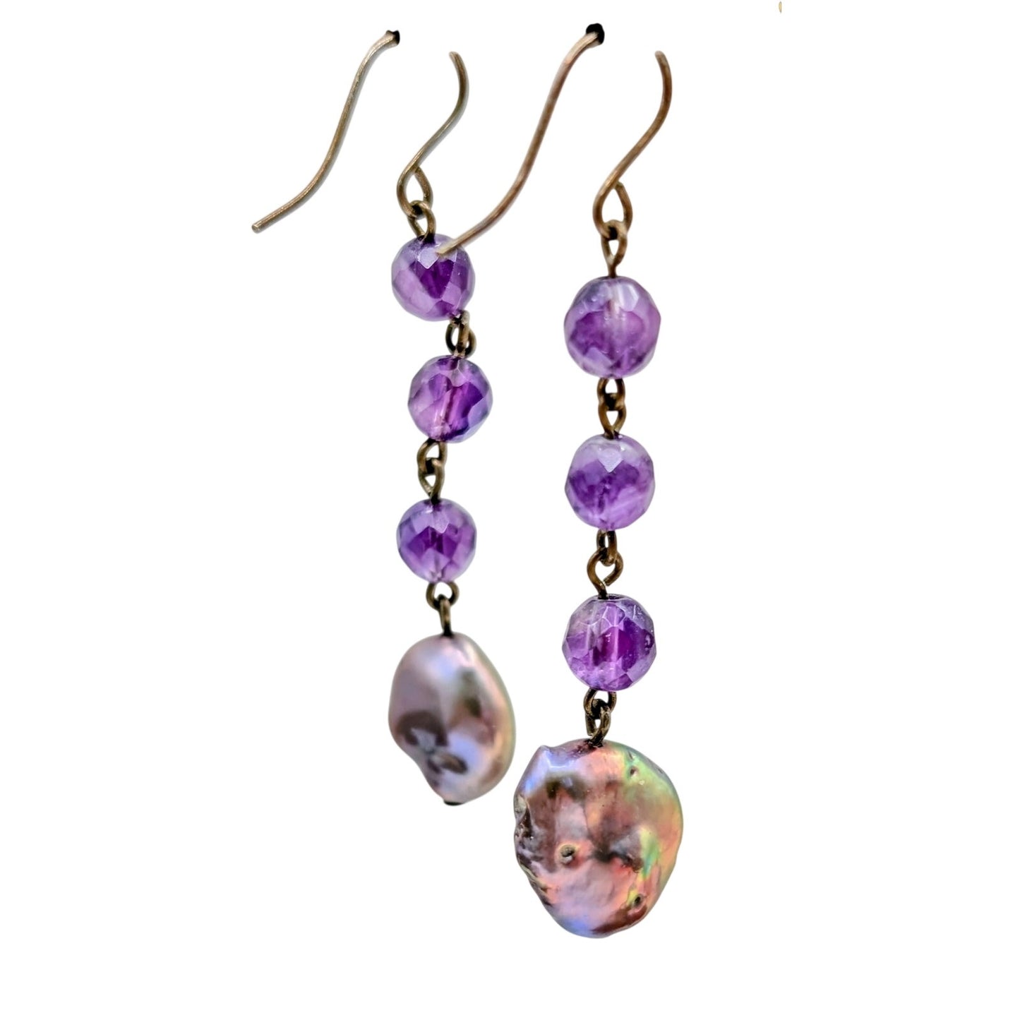 Vtg Faceted Amethyst Bead & Multi-Color Freshwater Coin Pearl Dangle Earrings