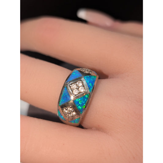 Vintage 925 Sterling Silver Opal CZ Band Ring Size 6