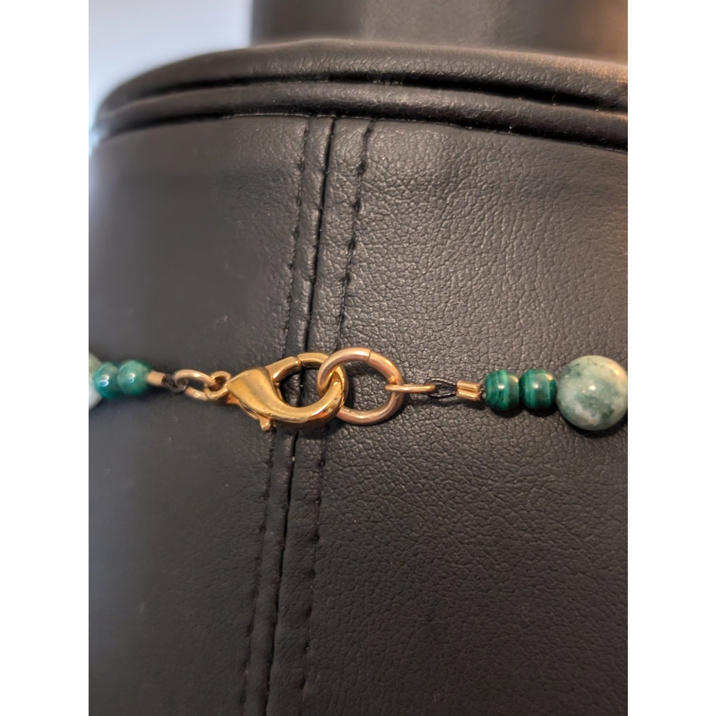 Green Stone Glass Bead Necklace W/ Carved Mint Green Center Bead