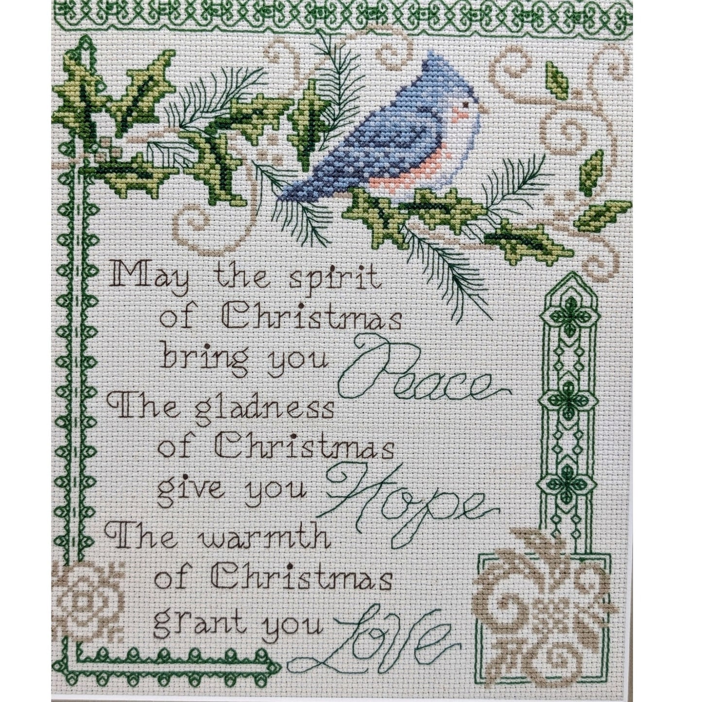 Wood Framed Under Glass Green Mat Blue Bird Christmas Prayer Cross Stitch