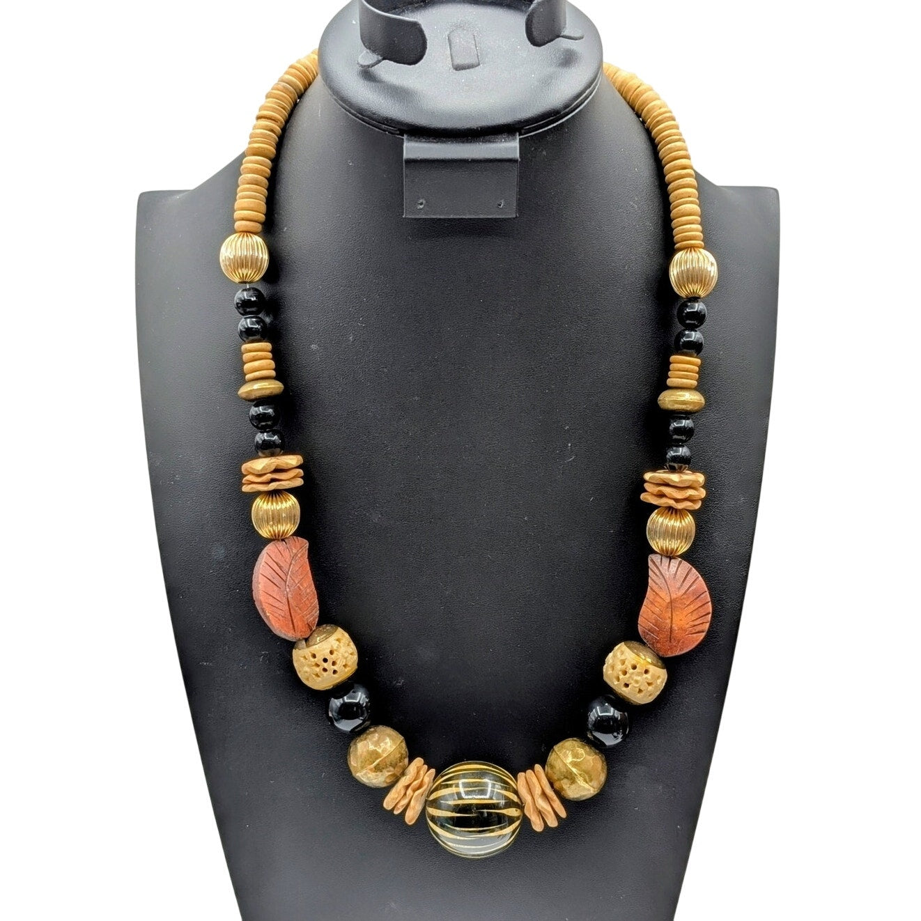 Vtg Tribal Chunky Wood Carved Leaf Multi-Bead 24" Gold Tone Hook Clasp Necklace