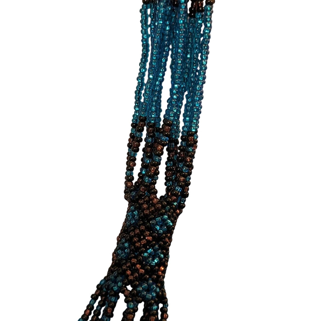 Brown & Blue Seed Bead Multi Strand Necklace With Woven Stations
