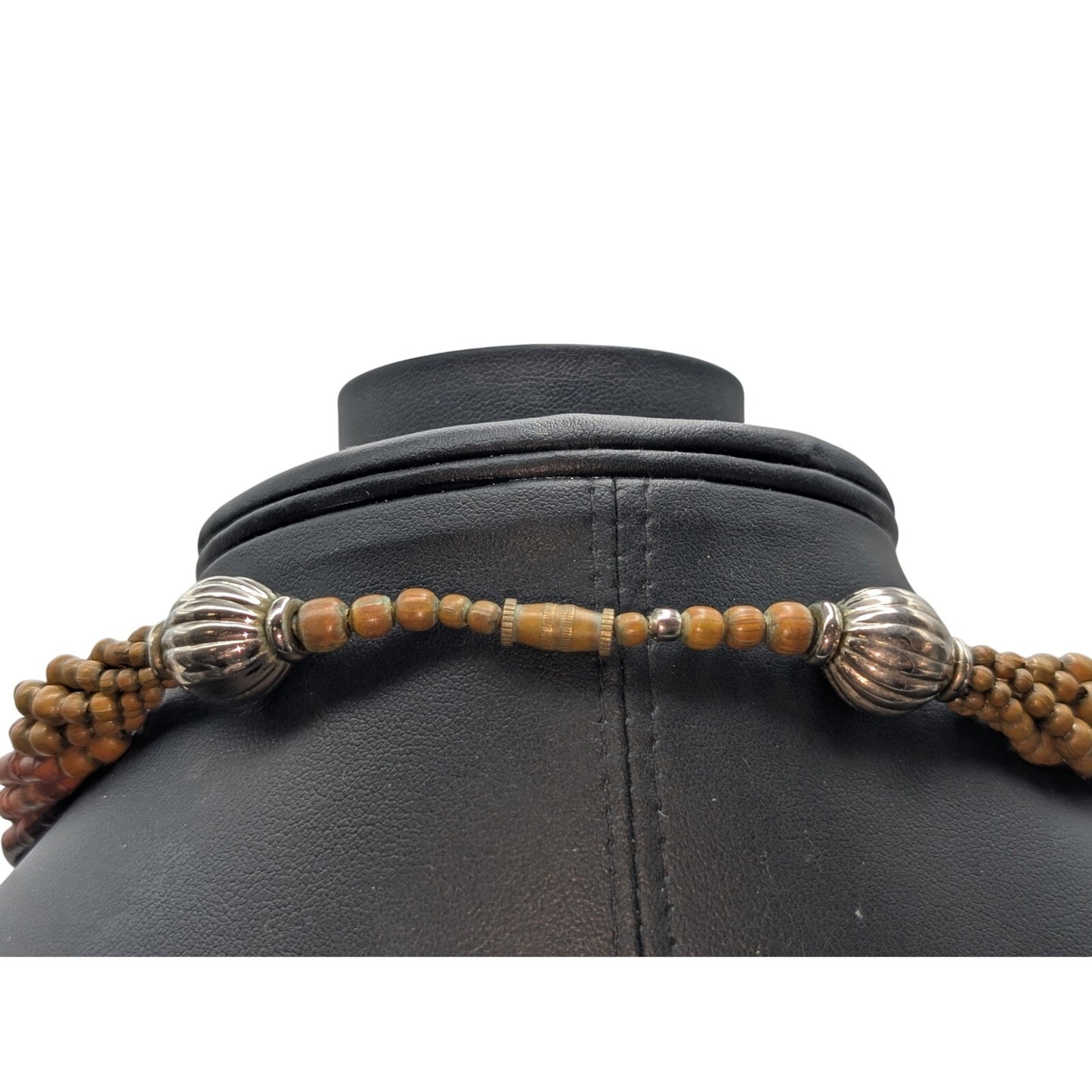 Vtg Twisted Multi-Strand Coconut Shell Brass Bead Embossed Brass Heart Necklace