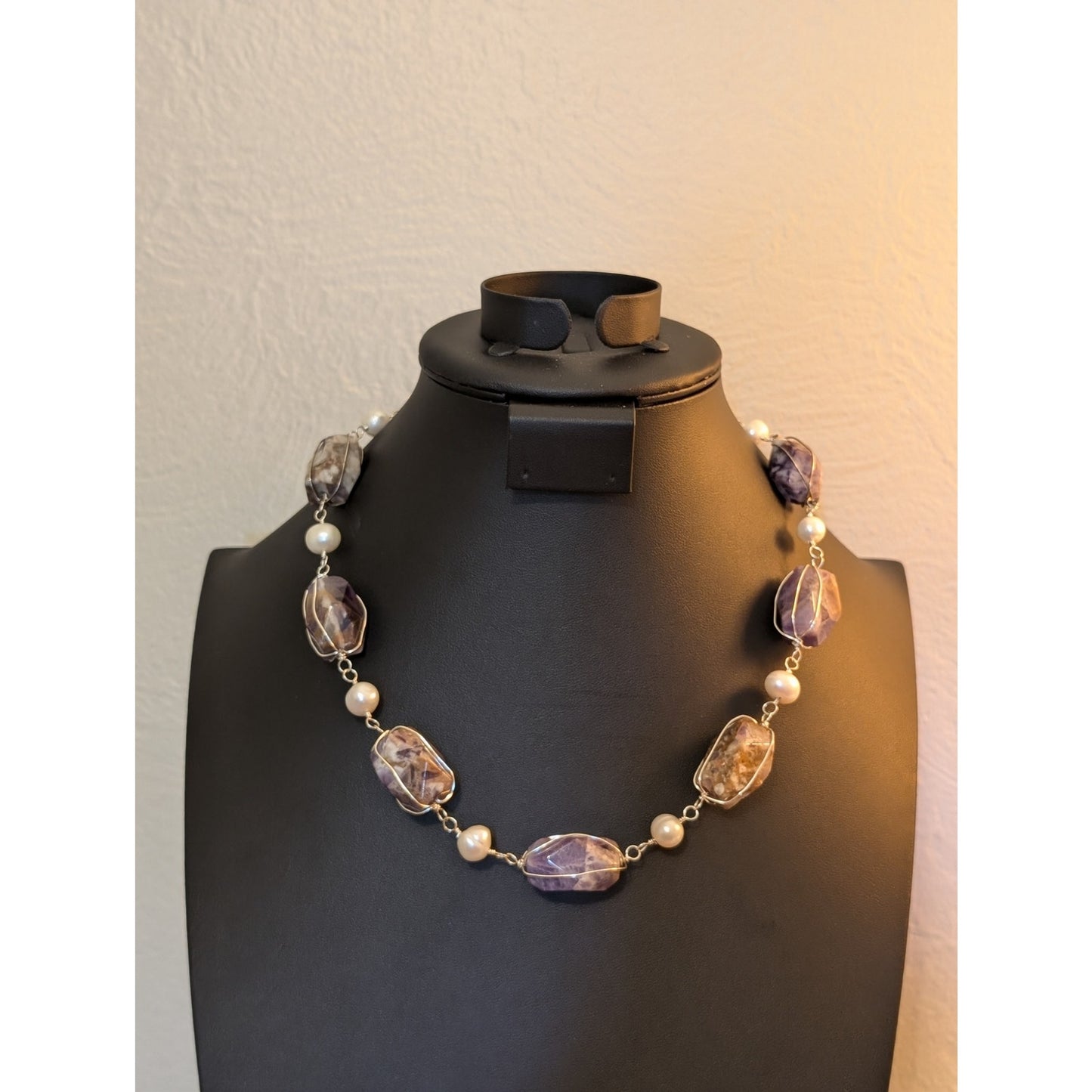 Chunky Wired Purple Lace Agate & Amethyst Fresh Water Pearl Sterling Necklace
