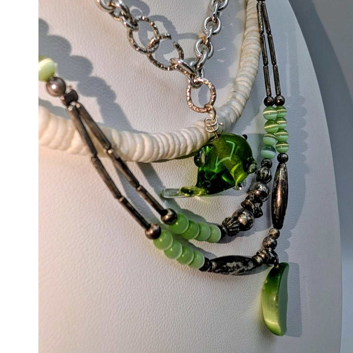 Lot of 3 Green Silver Tone Theme Boho Necklaces and a Beaded Wire Wrap Bracelet