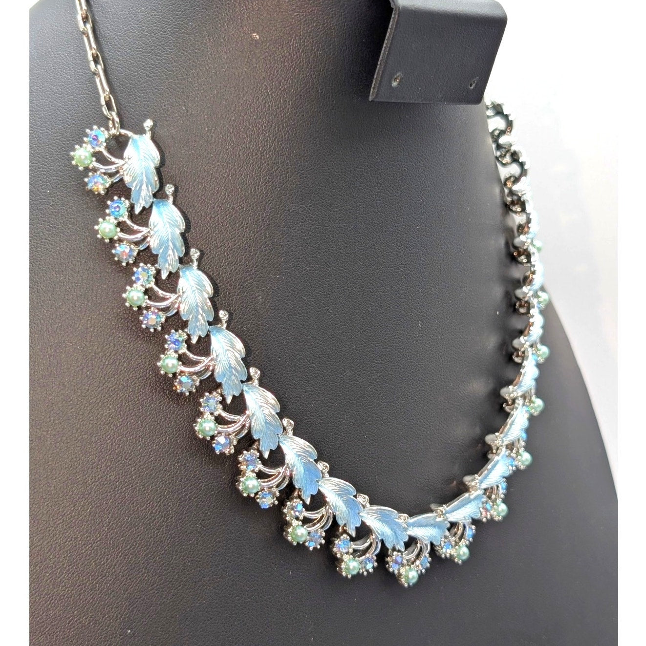 Vintage 50s Blue Leaf AB Crystal Pearl Silver Tone Hook Clasp 19" Chain Necklace