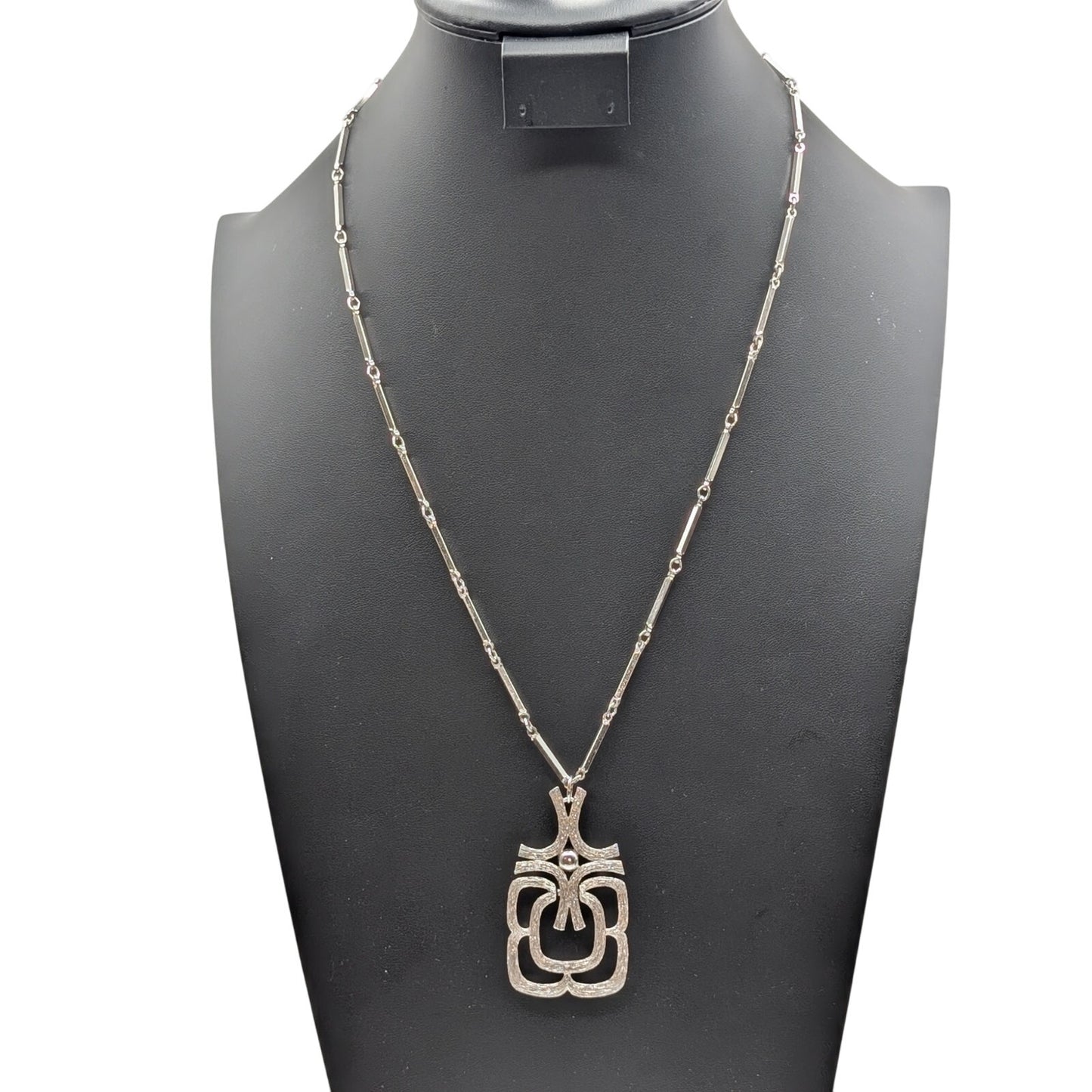 Vintage Avon Modernist Mayan Silver Tone 2.25" Pendant Rod Chain 24" Necklace