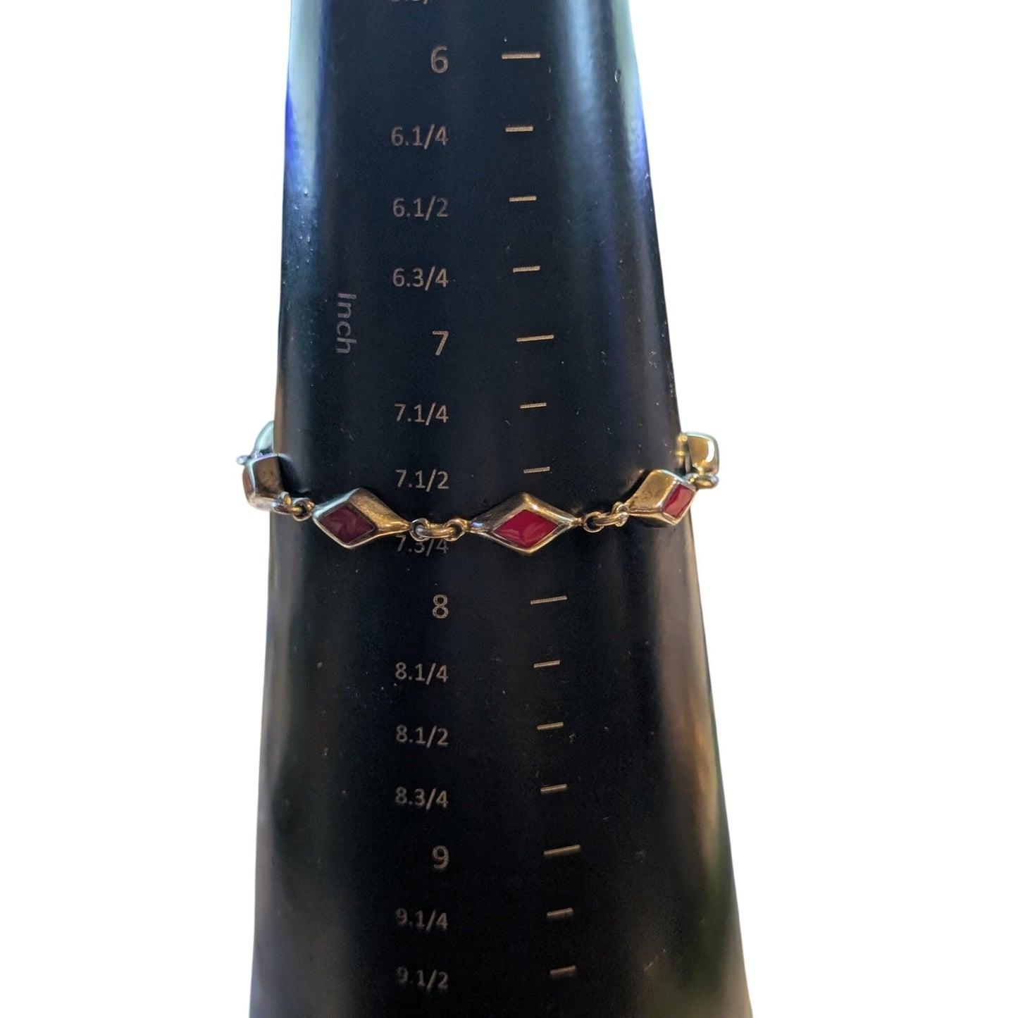 925 Sterling Silver Mexico Red Coral Inlay Diamond Shape Link Box Clasp Bracelet