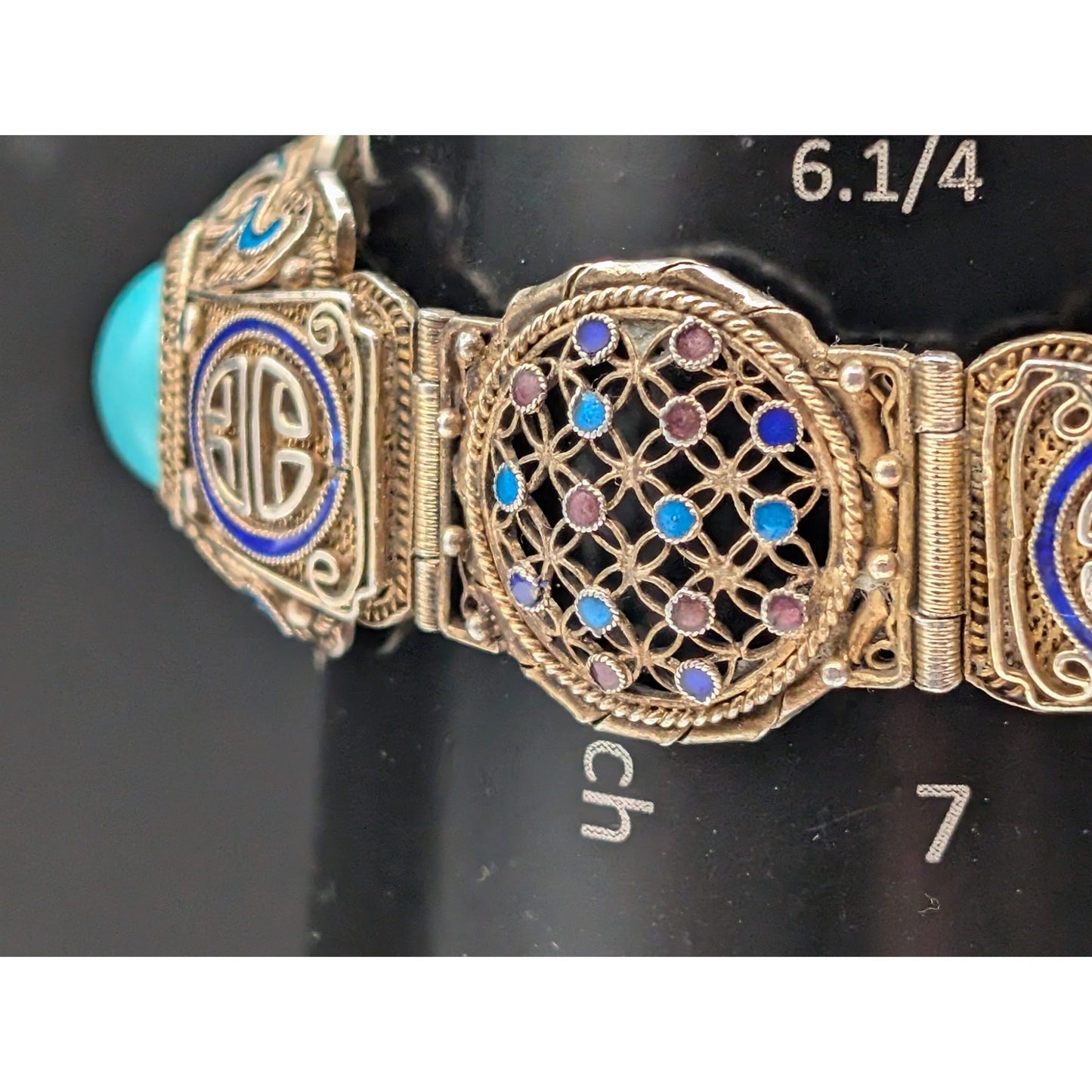 Antique 1900 Chinese Export .900 Silver Gilt Filigree Turquoise Enamel Bracelet