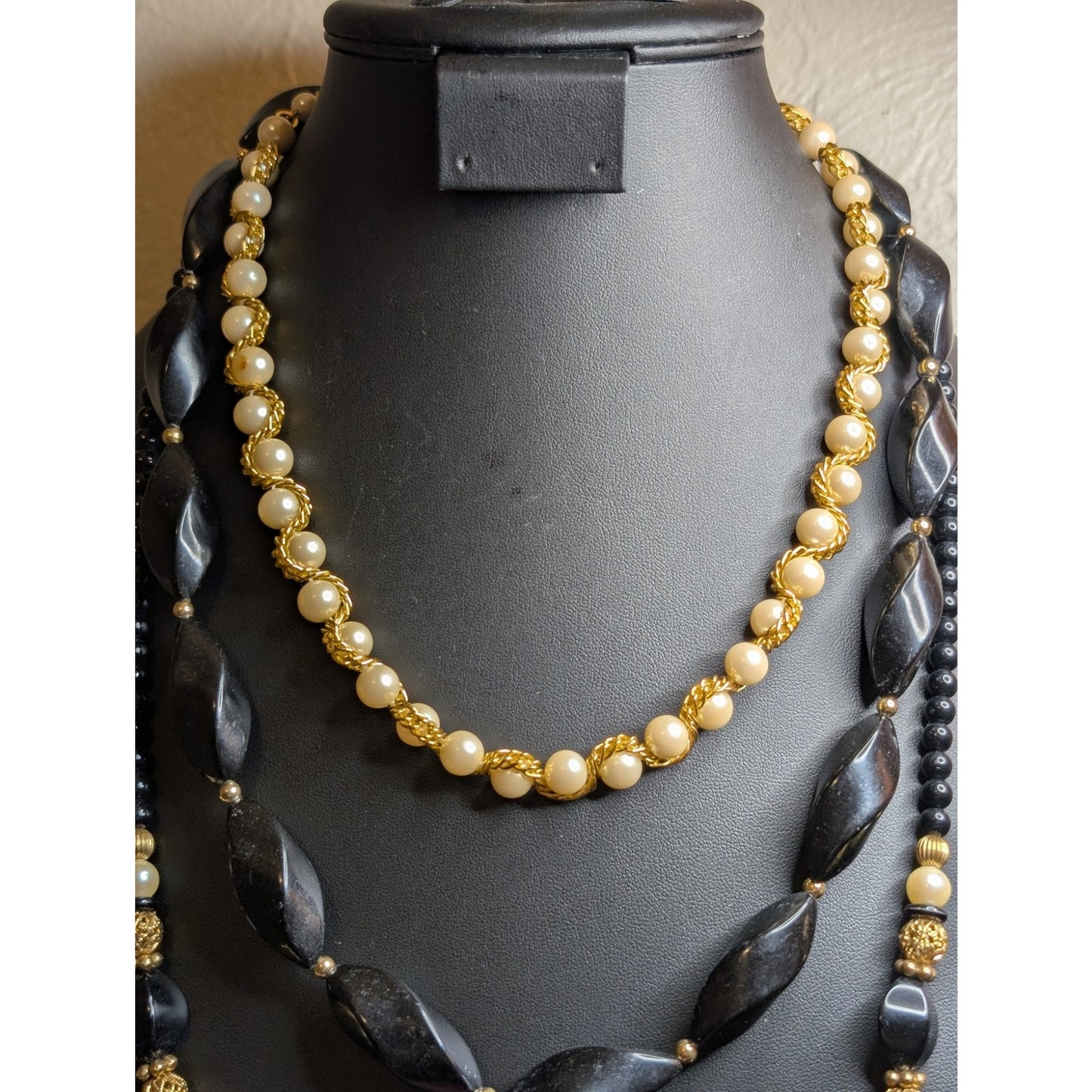 Lot of Three Cream Black Gold Layering Necklaces