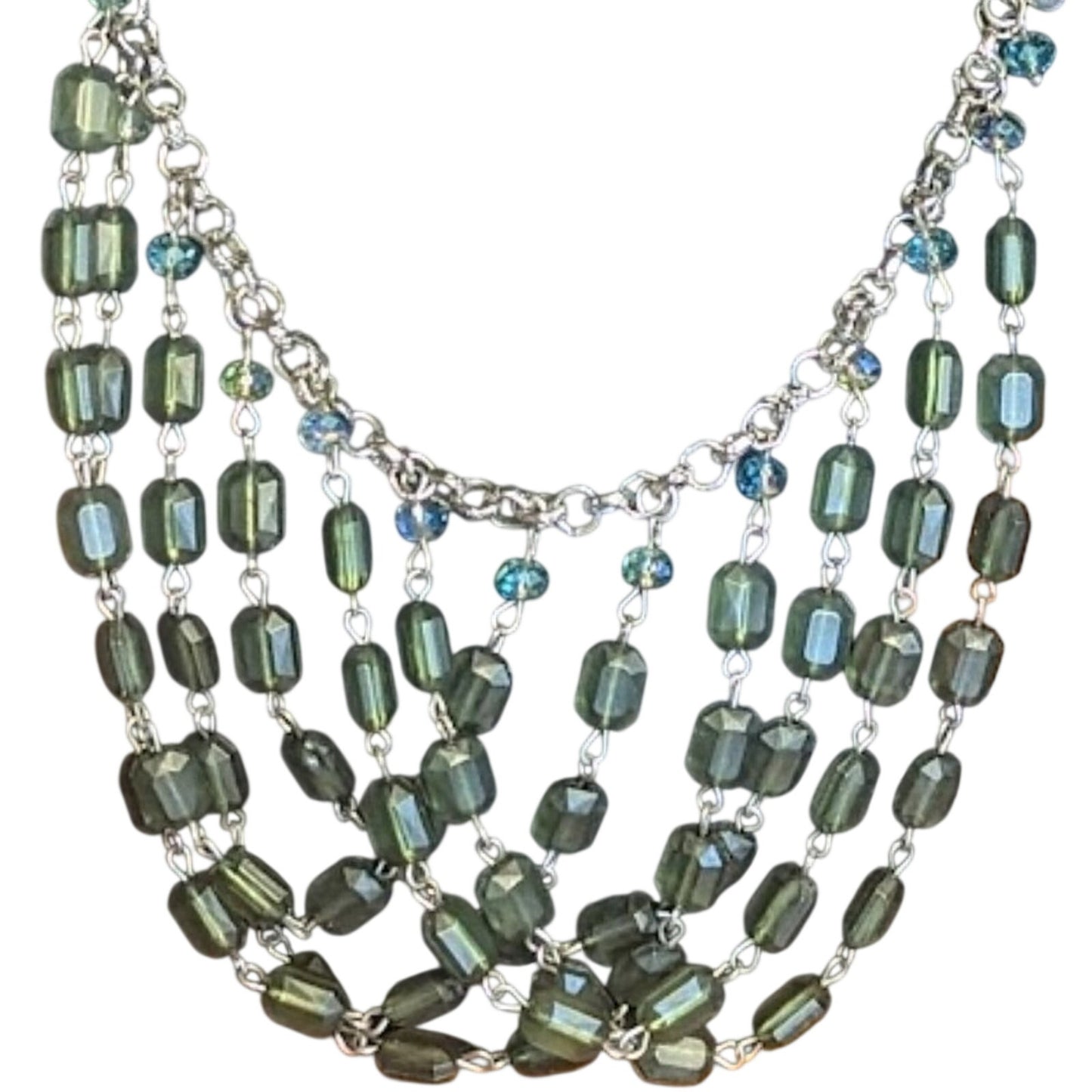 Cascading Bibbed Green Bead Silver Tone Statement Necklace