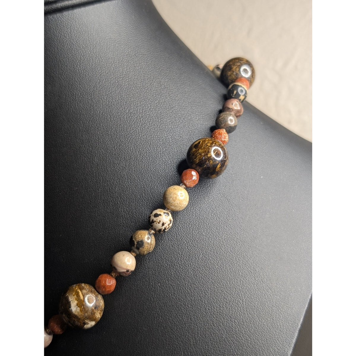 Jasper Agate Brown Stones & Goldstone Beaded Stone Flower 19.5" Necklace