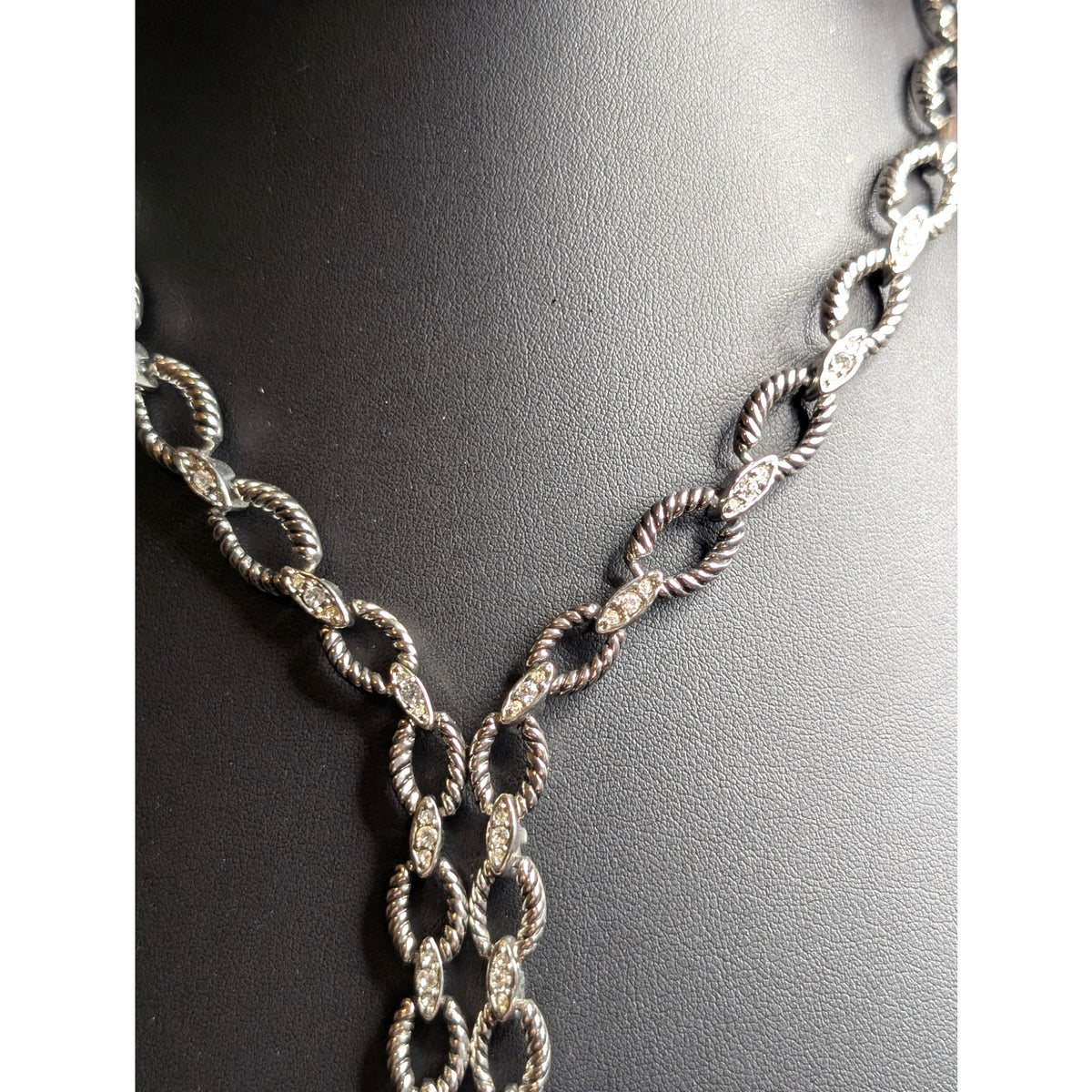 Silver Tone Textured Oval Link CZ Side by Side Y Dangle Fold Over Clasp Necklace