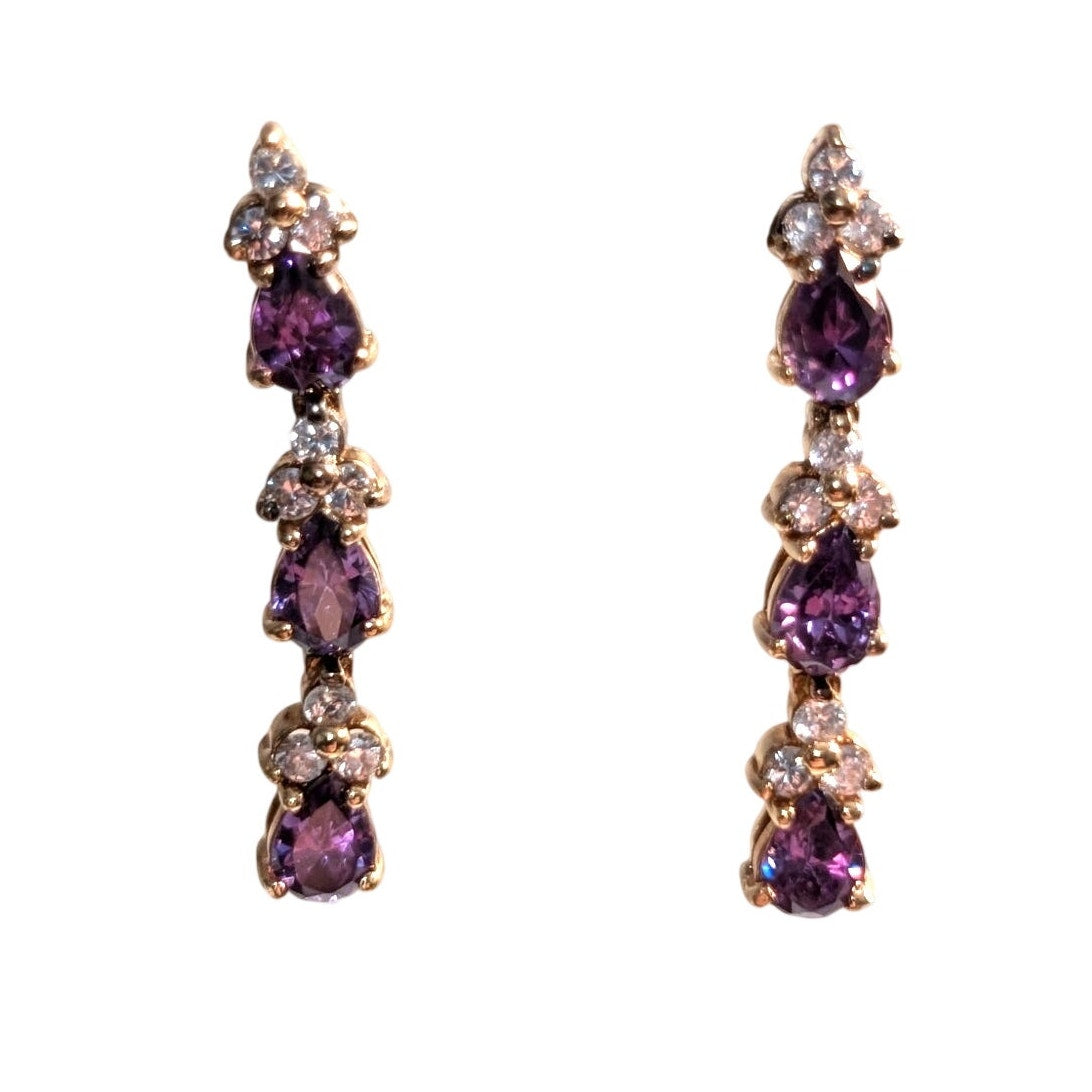 925 Sterling Gold Vermeil Triple Purple Crystal CZ Dangle 1.25" Long Earrings