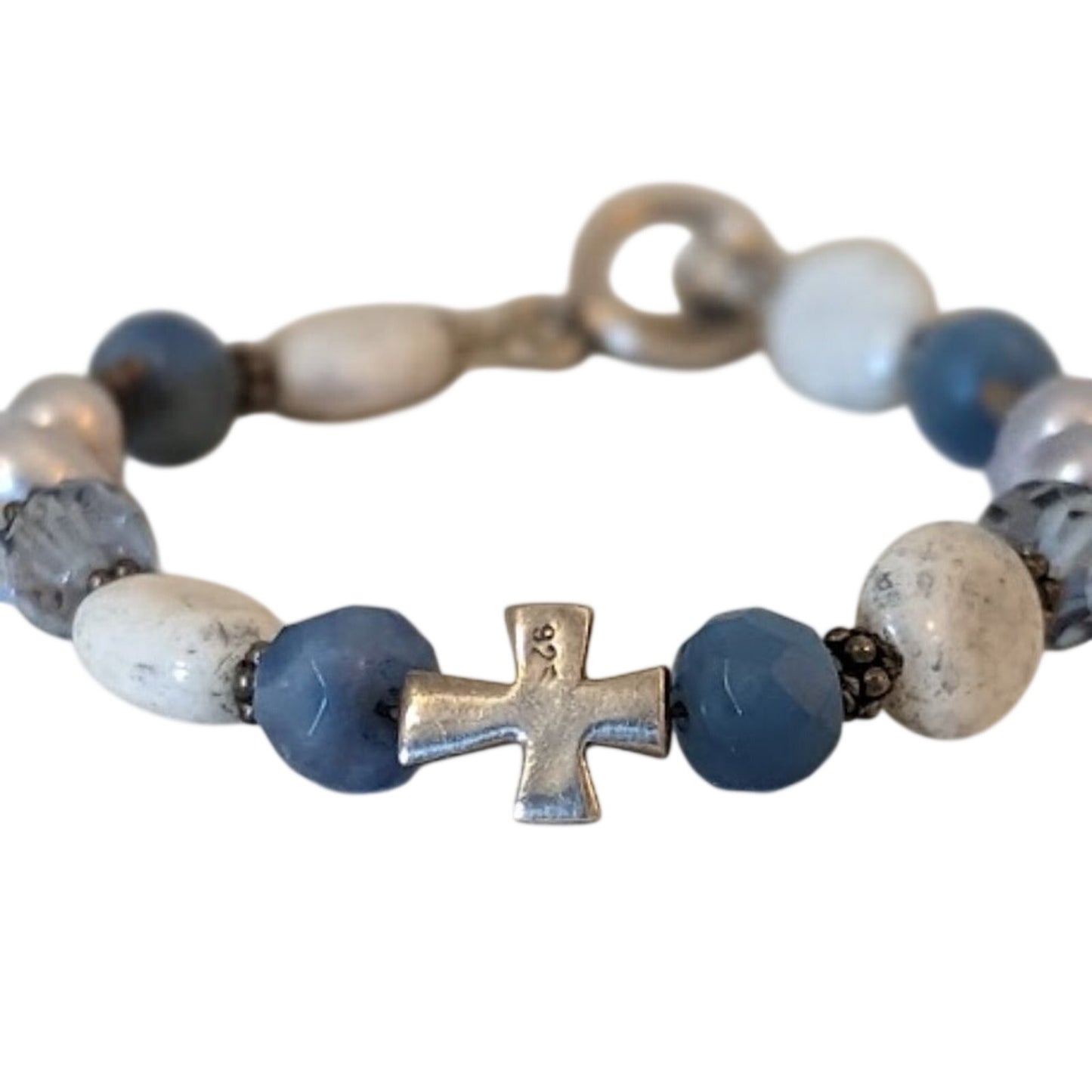 925 Sterling Silver Cross, Stone, Pearl, and Crystal Toggle Bracelet