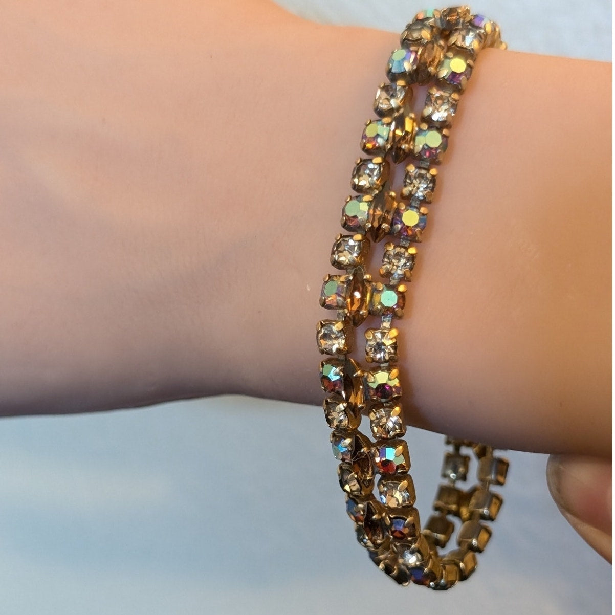 Vintage 60s-70s Signed Sherman Stunning AB and Topaz Swarovski Crystal Bracelet