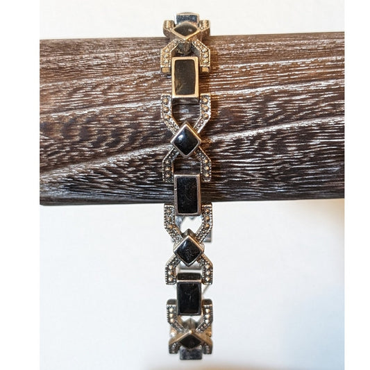 Vintage Silver Tone Art Deco Black Enamel Faux Marcasite Bracelet