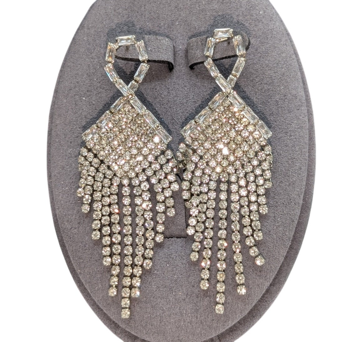 Rhinestone Fringe Dangle Round & Baguette Pierced Earrings