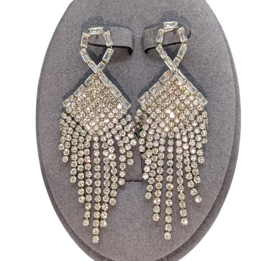 Rhinestone Fringe Dangle Round & Baguette Pierced Earrings