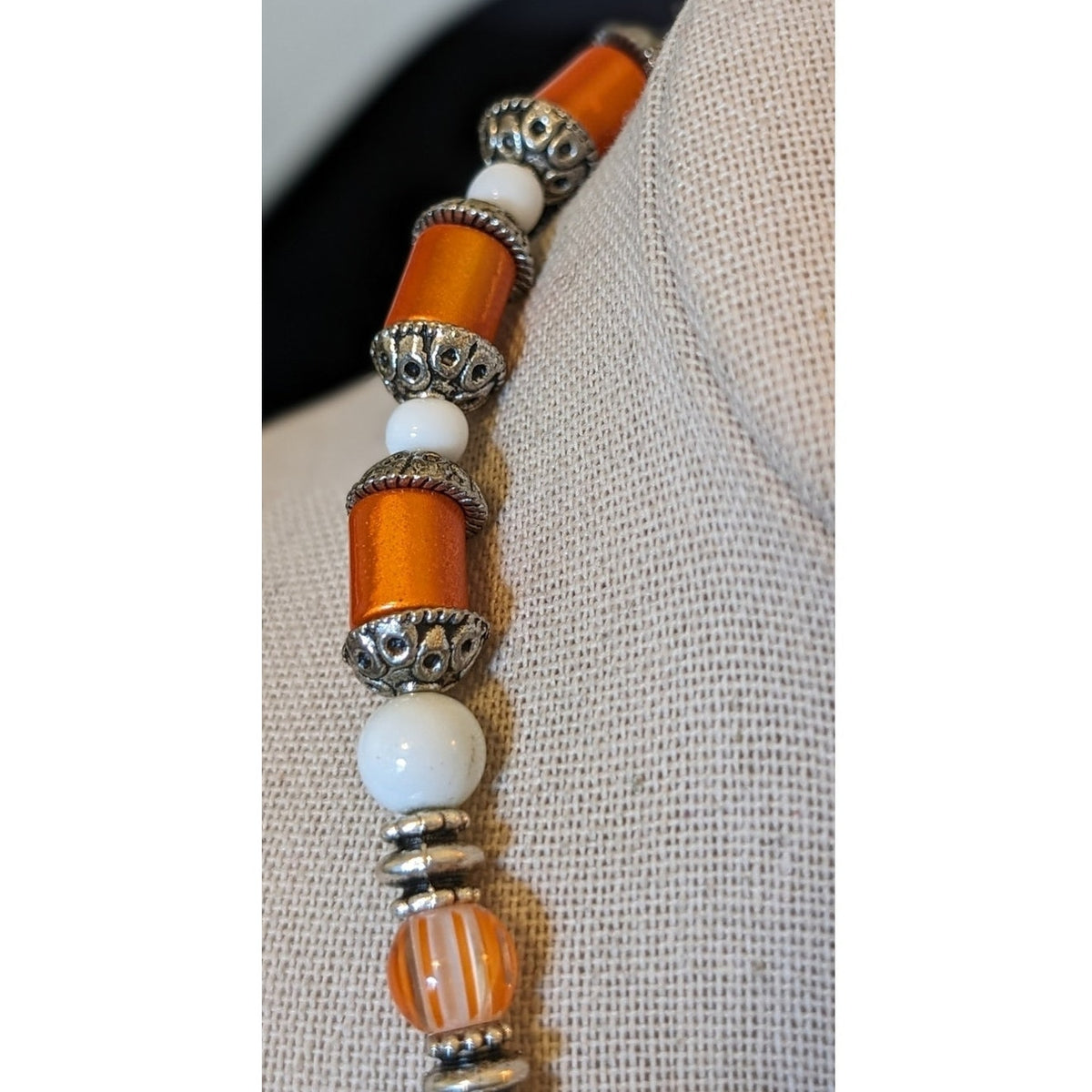 Orange Teardrop Dangle White Glass Rhinestone Bali Inspired 18.5" Necklace