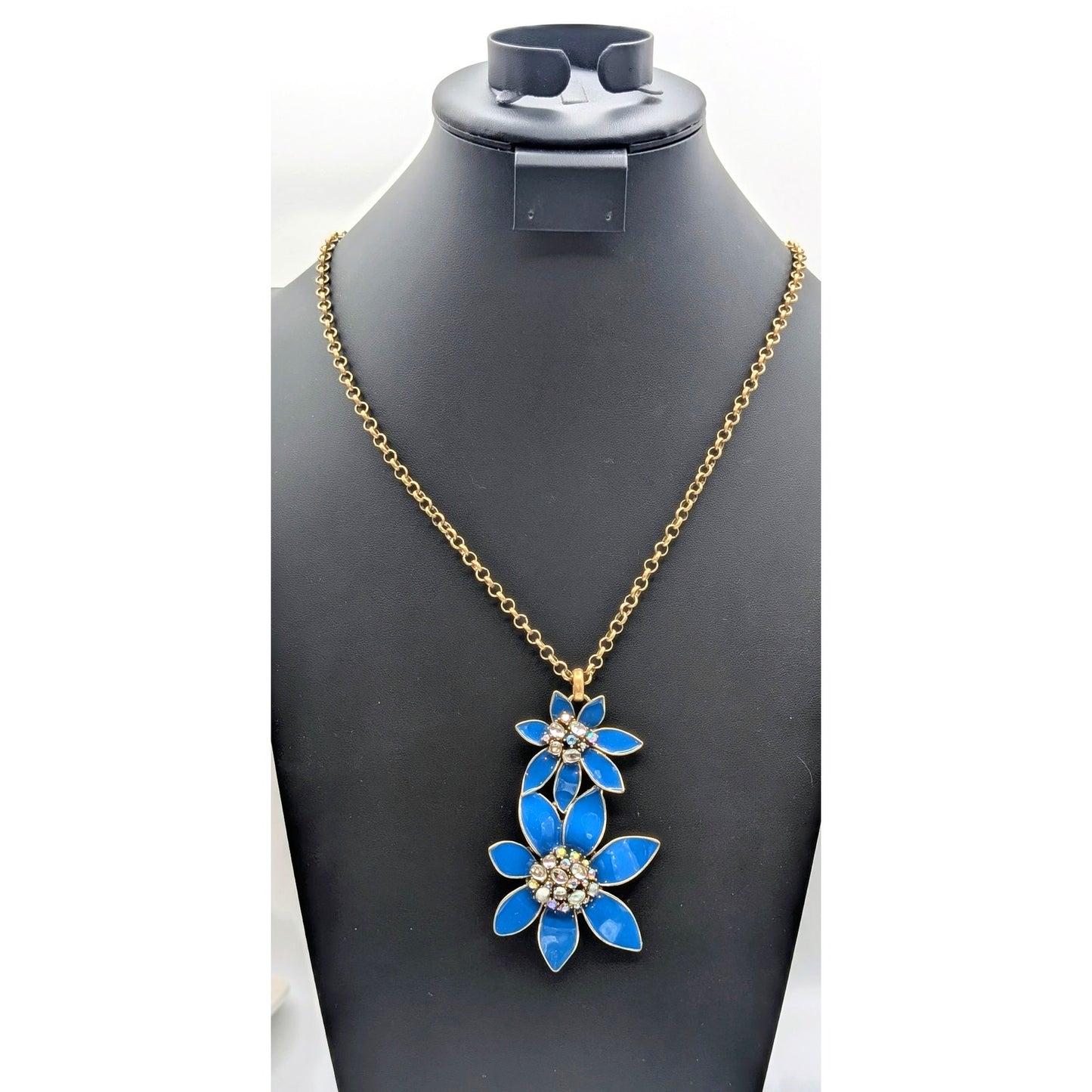 Coldwater Creek Blue Enamel AB Rhinestone Floral Antiqued Gold Chain Necklace