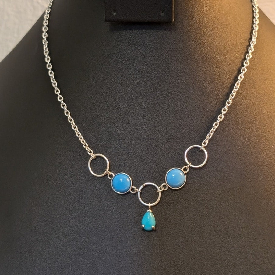 925 Sterling Silver Three Bezel & Prong Set Blue Beaded Y Teardrop 17" Necklace