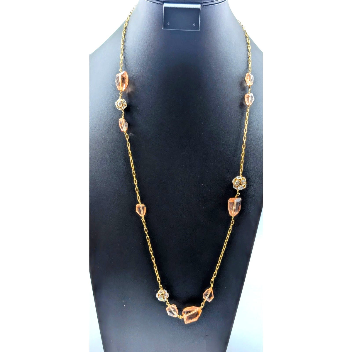 Signed J. Crew Peach Crystal Rhinestone Ball Gold Tone Chain 32" Necklace