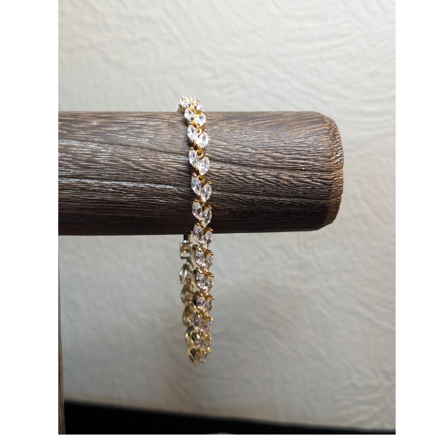 Gold Tone CZ Leaf 7" Long Tennis Bracelet W/ Fold Over Clasp