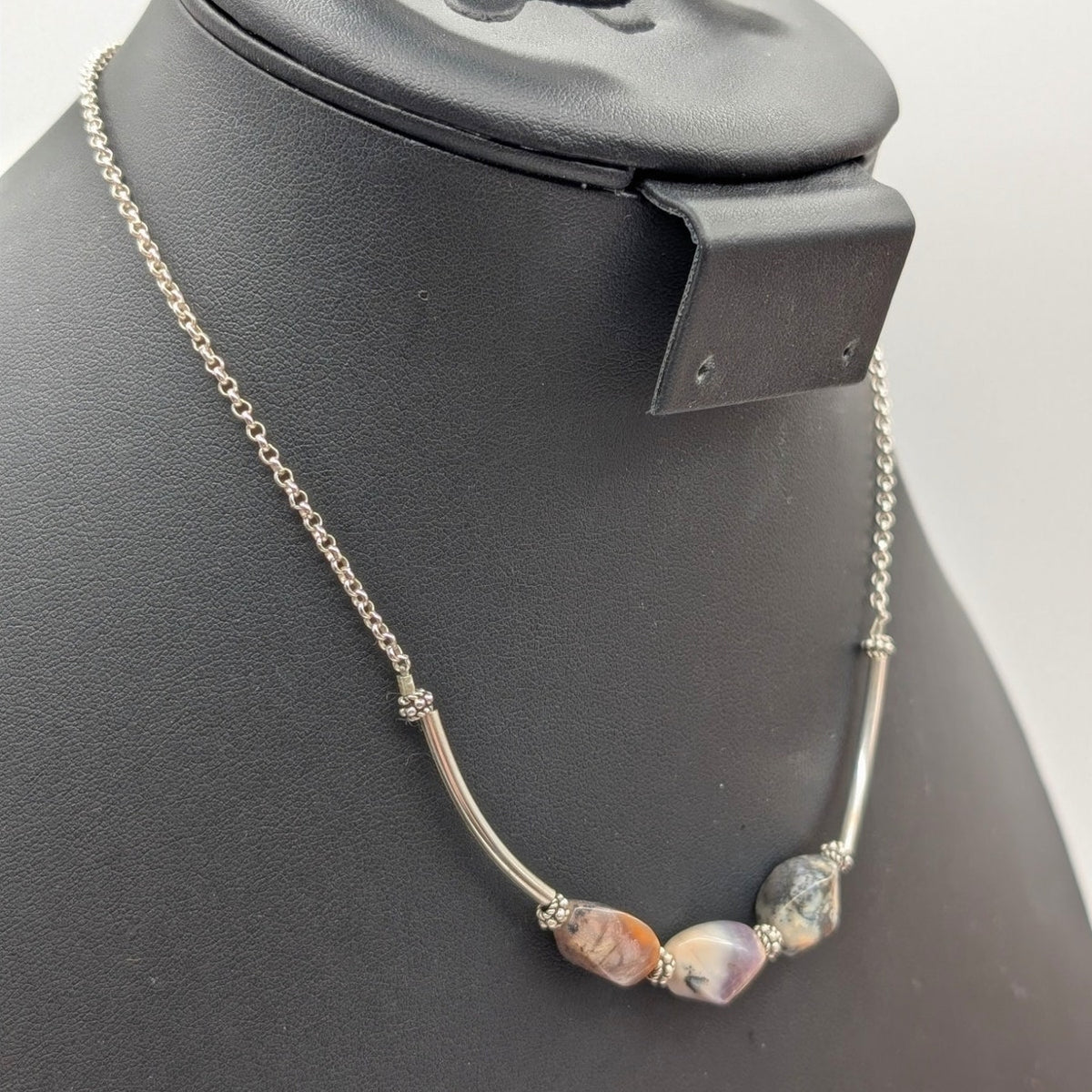 925 Sterling Silver Three Agate Stone Curved Bar Bead Chain 14"-16" Necklace