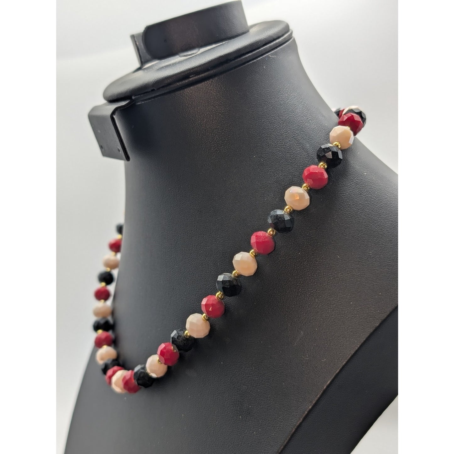 Vintage Red White Black Glass Czech Faceted Bead Gold Tone Bead 20.5" Necklace