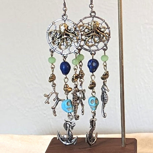 Nautical Charm Dangle Multi-Chain Bottom of the Sea Silver Tone Earrings
