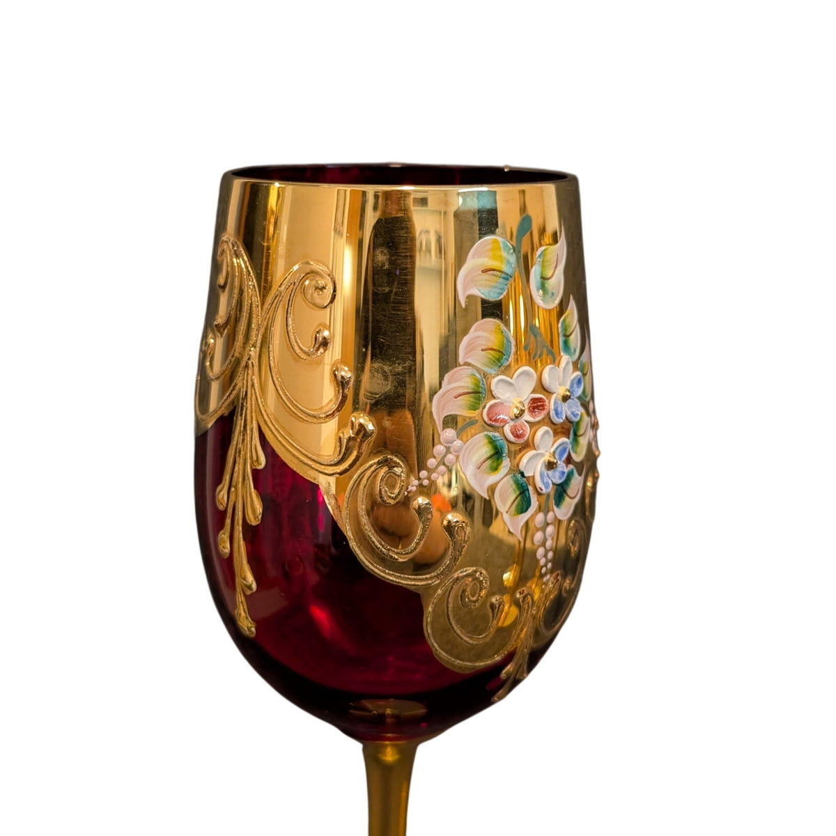 Vintage 50s Red Stemmed Wine Goblet Tre Fuochi Murano Italy Venetian Heavy Gilt