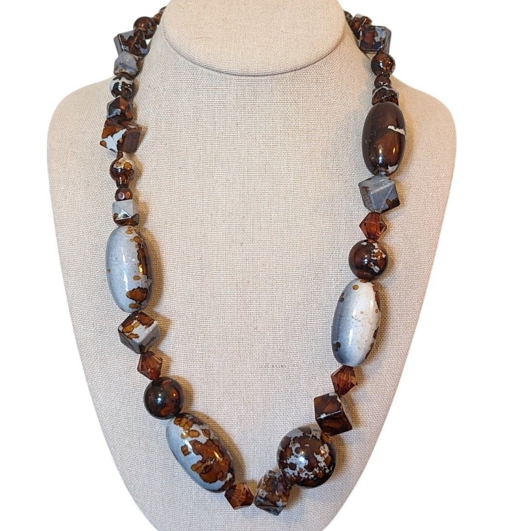 Unique Multi-Shape Gray Brown Mottled Beaded Toggle Clasp Statement Necklace