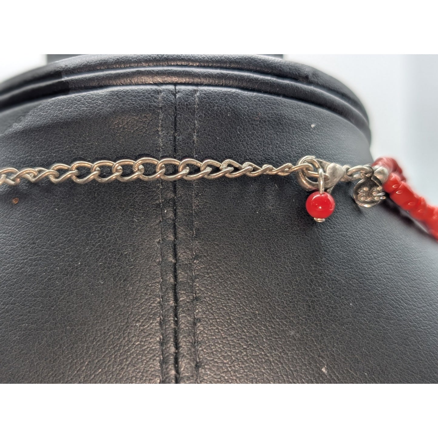 Vintage Red Glass Bead Signed ae Turquoise Chip Silver Tone Pendant Necklace