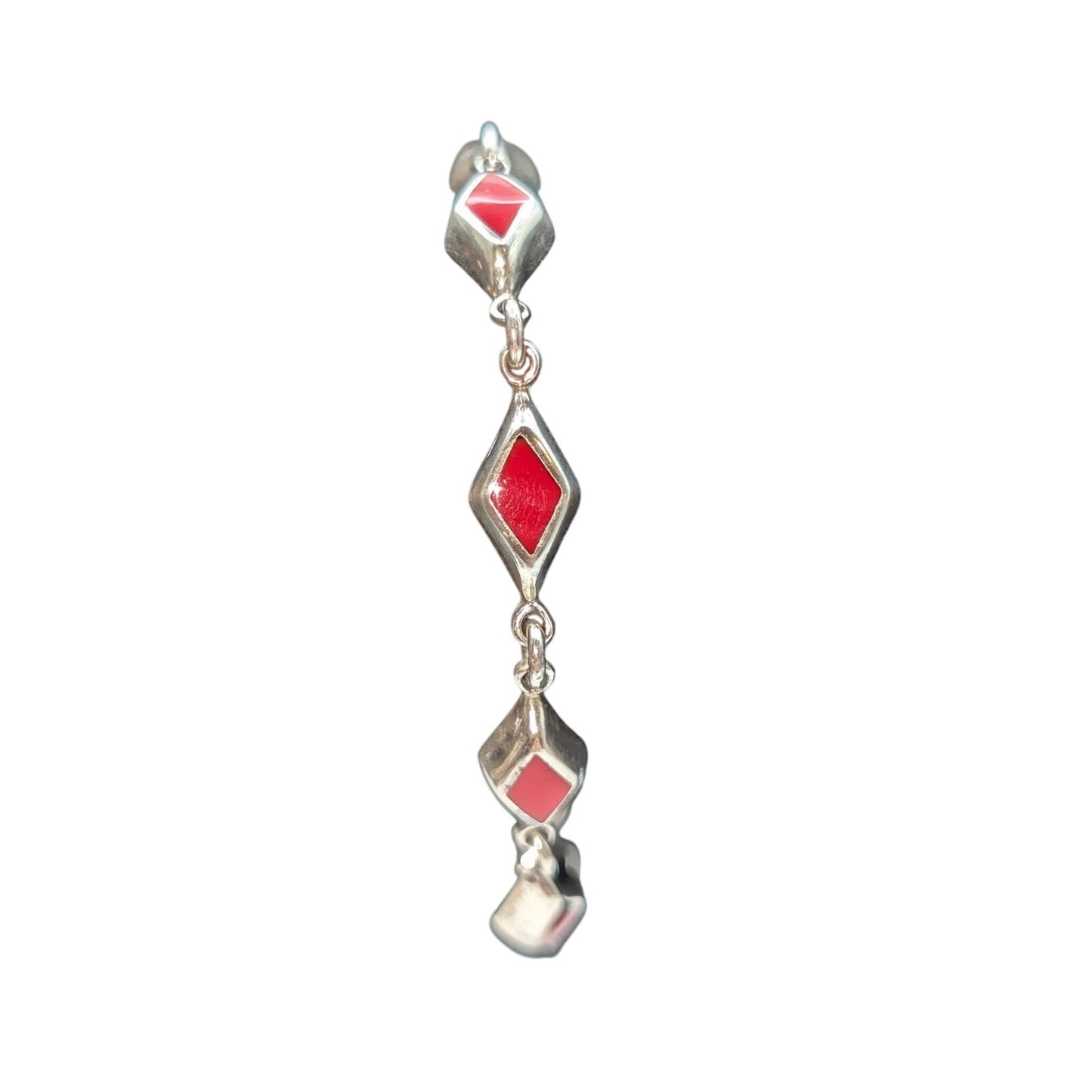 925 Sterling Silver Mexico Red Coral Inlay Diamond Shape Link Box Clasp Bracelet