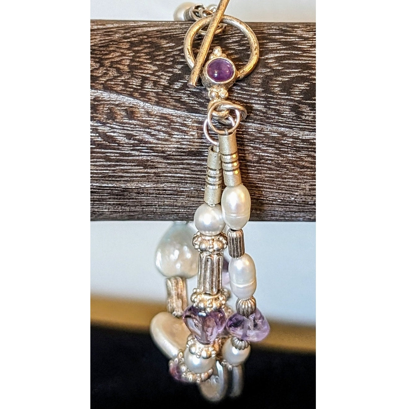 Sterling Rice Pearl Heart Shaped Freshwater Coin Pearls Amethyst Charm Bracelet