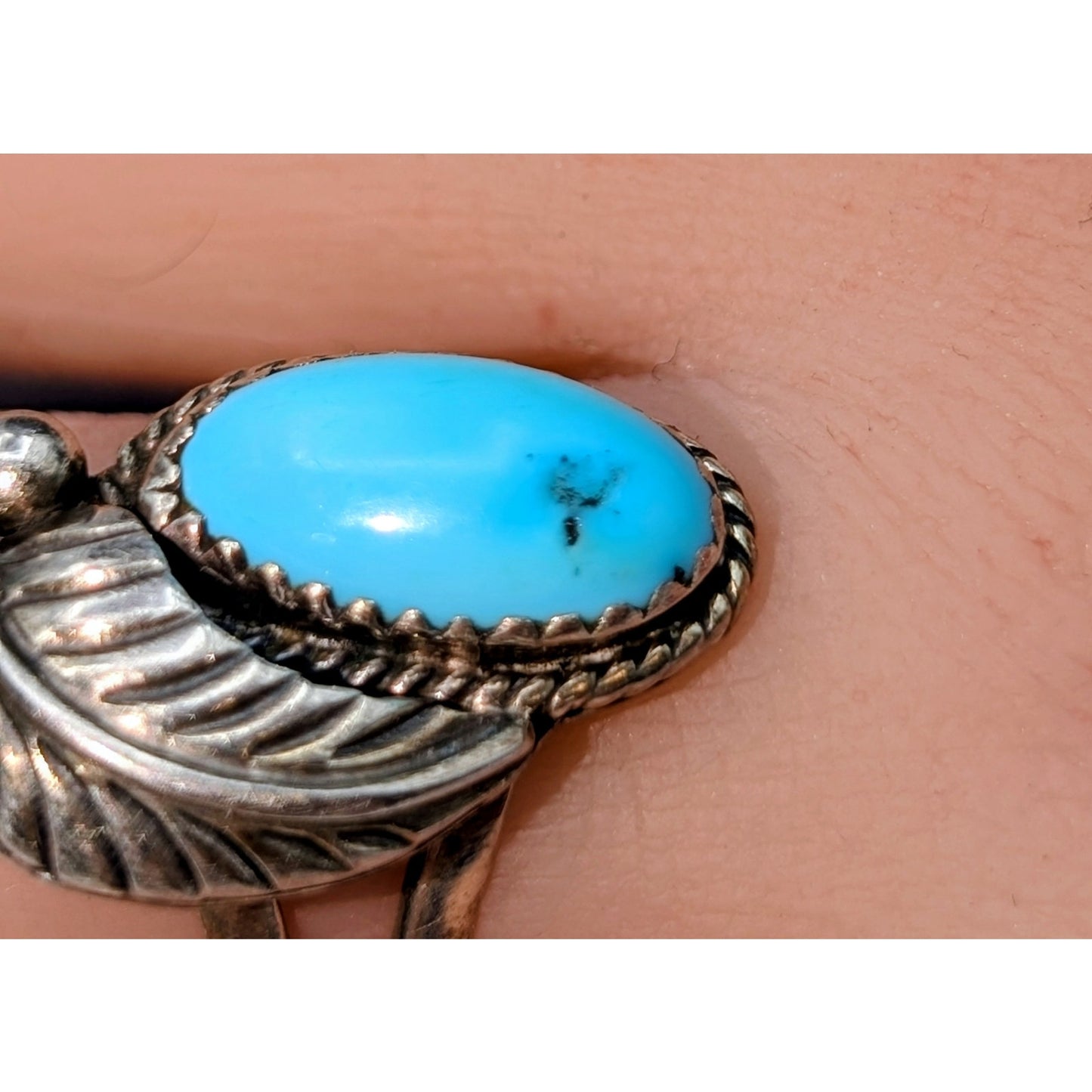 Vtg 925 Sterling Silver Southwestern Turquoise Feather Split Shank Ring Size 6.5