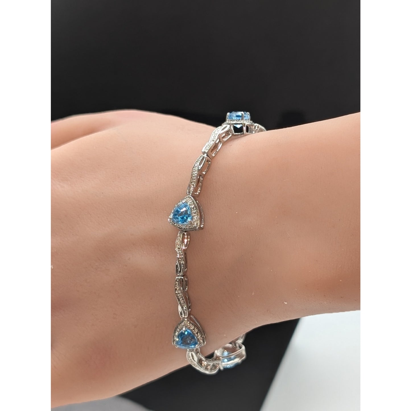 Trillion Cut Blue Topaz & Diamond Marked 925 Sterling Silver Bracelet